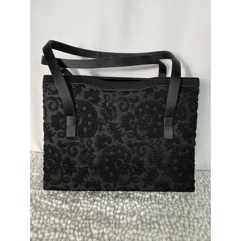 Vintage Black Floral Brocade Satin Evening Bag Formal Cocktail Handbag Small